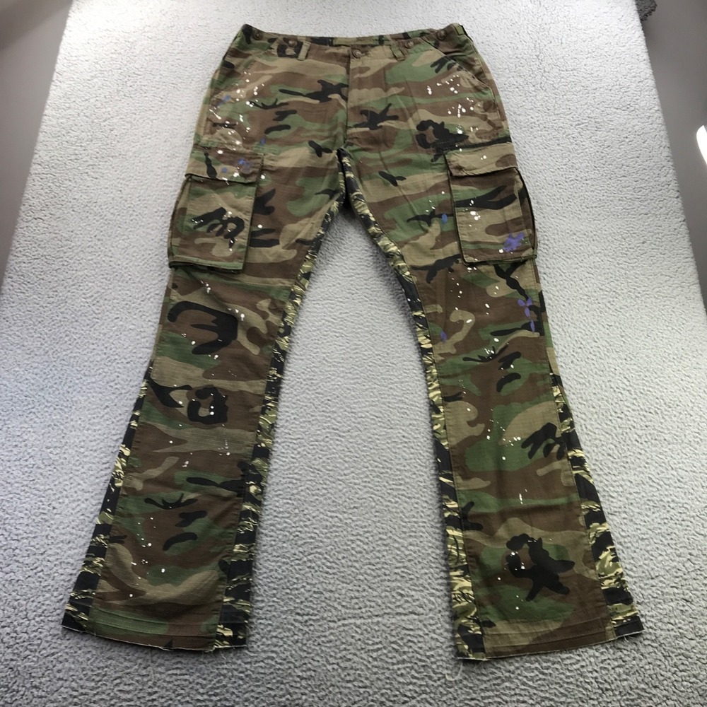 Mnml Pant Men 38x36 Green Cargo Bootcut Flare Paint Splatter Military Stacked